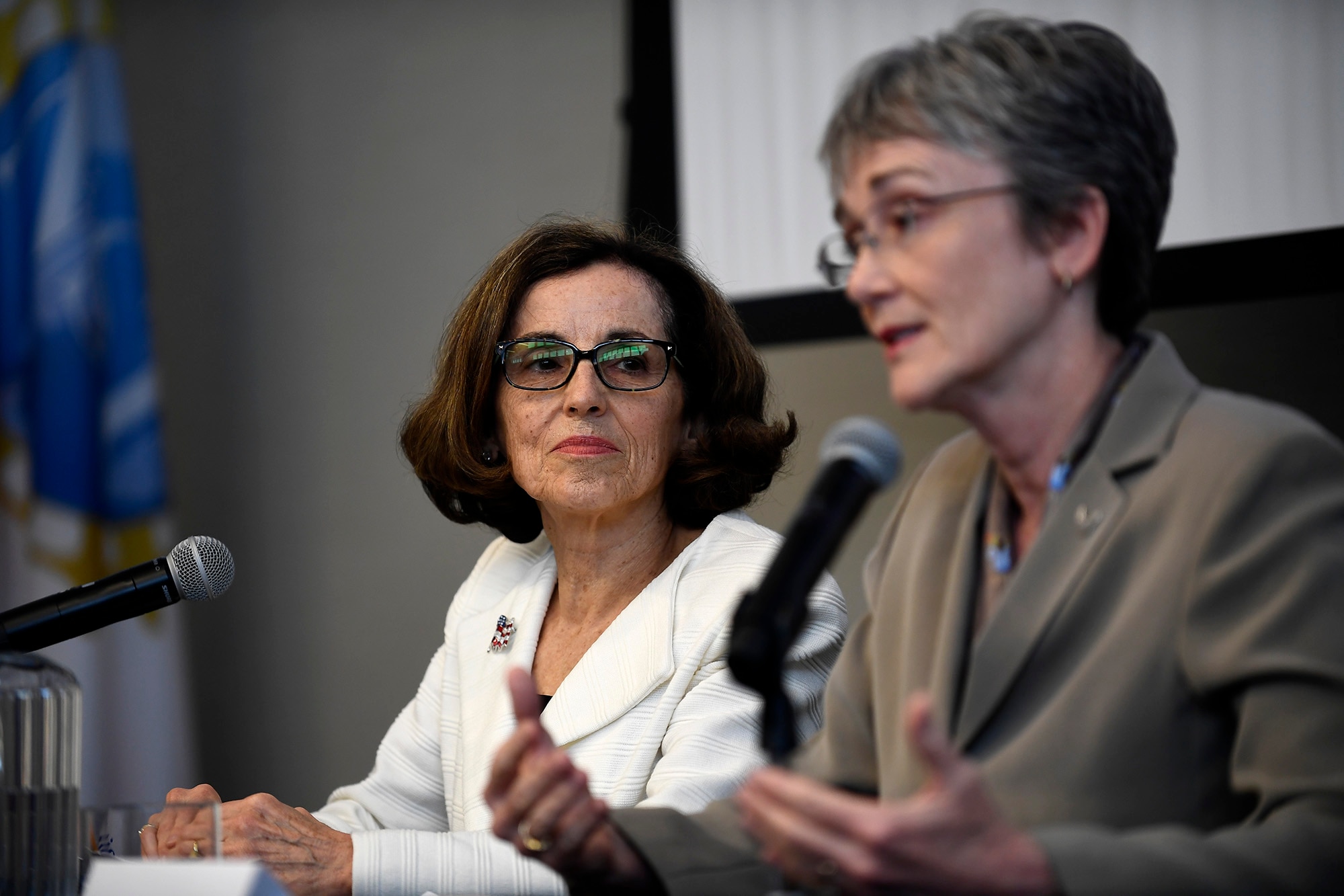 Secretary of the Air Force Heather Wilson and National Science Foundation Director France Córdova answer questions after signing a letter of intent in Washington, D.C., May 9, 2018. The letter of intent initiates a strategic partnership focused on research in four areas of common interest: space operations and geosciences, advanced material sciences, information and data sciences, and workforce and processes. (U.S. Air Force photo by Staff Sgt. Rusty Frank)