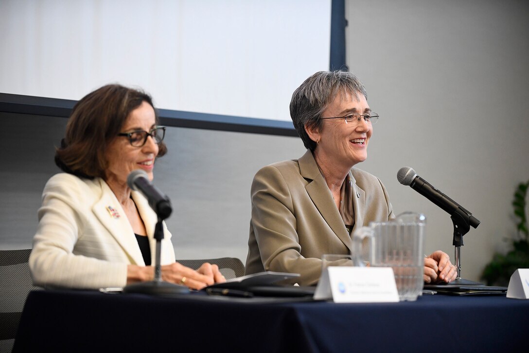 Secretary of the Air Force Heather Wilson and National Science Foundation Director France Córdova answer questions after signing a letter of intent in Washington, D.C., May 9, 2018. The letter of intent initiates a strategic partnership focused on research in four areas of common interest: space operations and geosciences, advanced material sciences, information and data sciences, and workforce and processes. (U.S. Air Force photo by Staff Sgt. Rusty Frank)