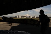 A troop litter carrier loaded with a simulated patient is carried onto a C-17 Globemaster III on 24 April, 2018, at McChord Field, Wash. The 446th Aeromedical Evacuation Squadron took part in a three day capstone training event with the U.S. Army to show how patients are cared for once transported out of a combat environment.