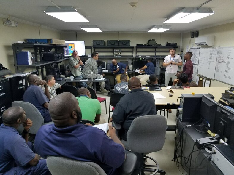 Lt. Col. Angel Santiago, 571st Mobility Support Advisory Squadron air advisor, leads a discussion with members from the Barbados Regional Security System, during a mobile team training mission in Bridgetown, Barbados. During the MTT, Santiago and his team held classroom discussions with the Barbados RSS on crew resource management and human factors. (Courtesy photo)