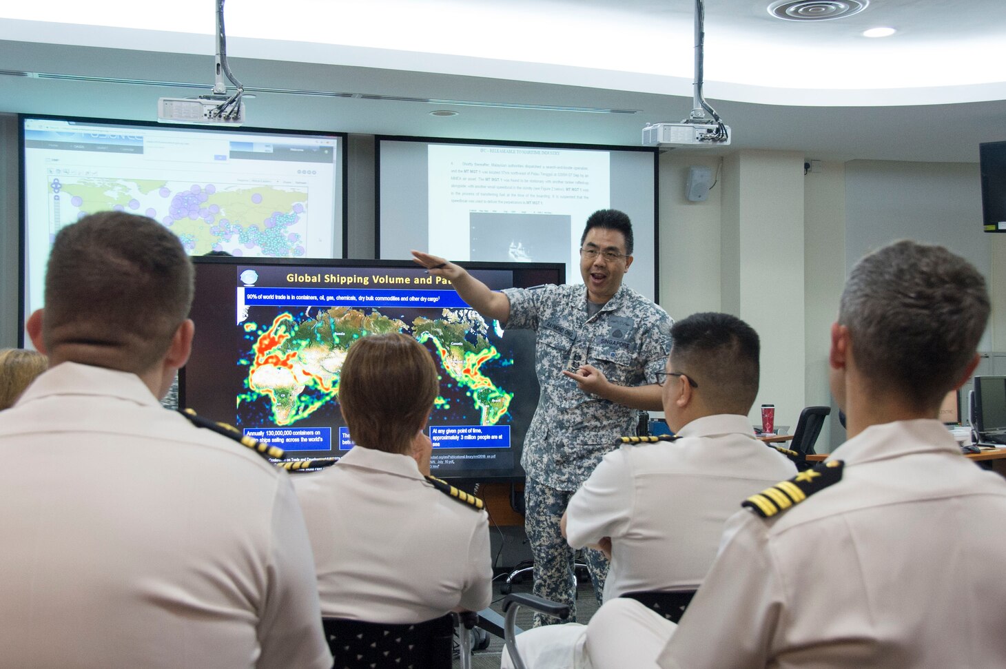 SINGAPORE (May 9, 2018) Officers of U.S. 7th Fleet take a tour of the Information Fusion Centre at RSS Singapura - Changi Naval Base.  U.S. 7th Fleet seeks to strengthen relationships and partnerships throughout the Indo-Pacific Region which 7th Fleet has patrolled for more than 75 years, promoting and enhancing regional security and stability.