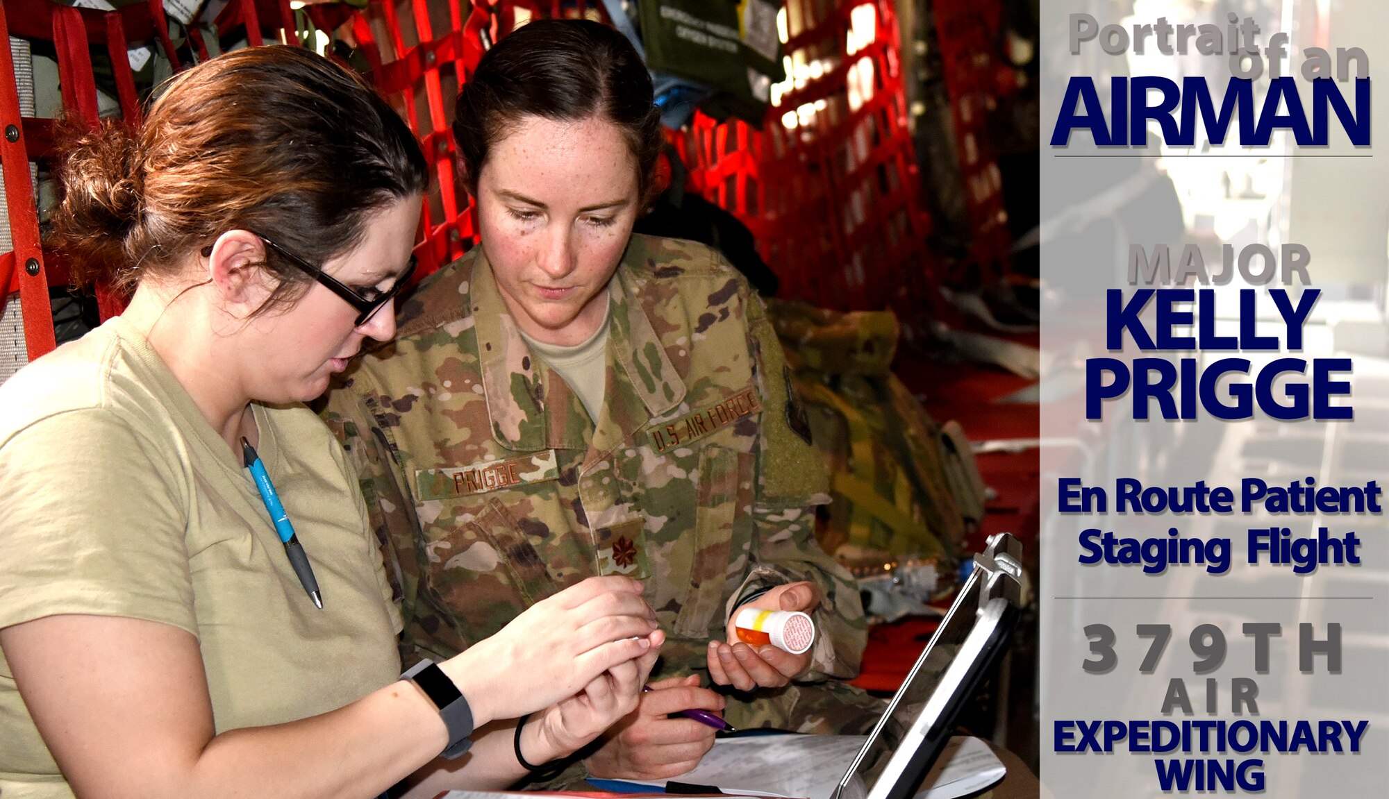 Maj. Kelly Prigge, officer in charge of the En Route Patient Staging Flight (ERPSF), discusses patient medications and treatments with the inflight medical team prior to transporting the patients to a larger treatment facility at Al Udeid Air Base, Qatar on May 5, 2018. The ERPSF plays a vital role in transporting patients from various deployed location and ensuring their safe and stable transport to a facility that can support the sustained injuries. (U.S. Air Force photo by Staff Sgt. Enjoli Saunders)