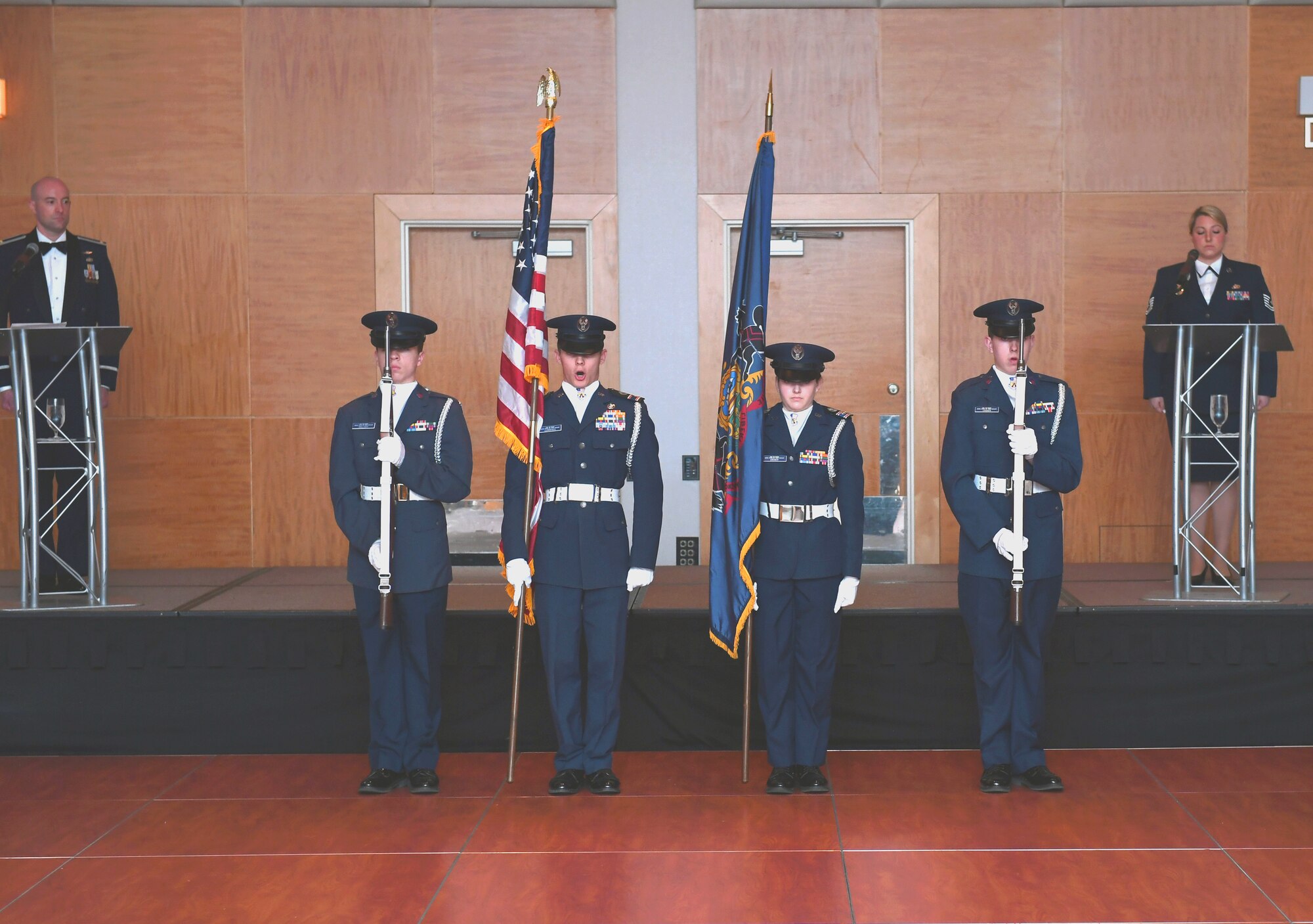 The 603rd Civil Air Patrol Honor Guard posts the colors at the 911th Airlift Wing annual awards banquet Pittsburgh International Airport, Pennsylvania, May 6, 2018. Annual award winners for 2017 were ceremoniously recognized by wing leadership during the event.(U.S. Air Force Photo by Staff Sgt. Zachary Vucic)