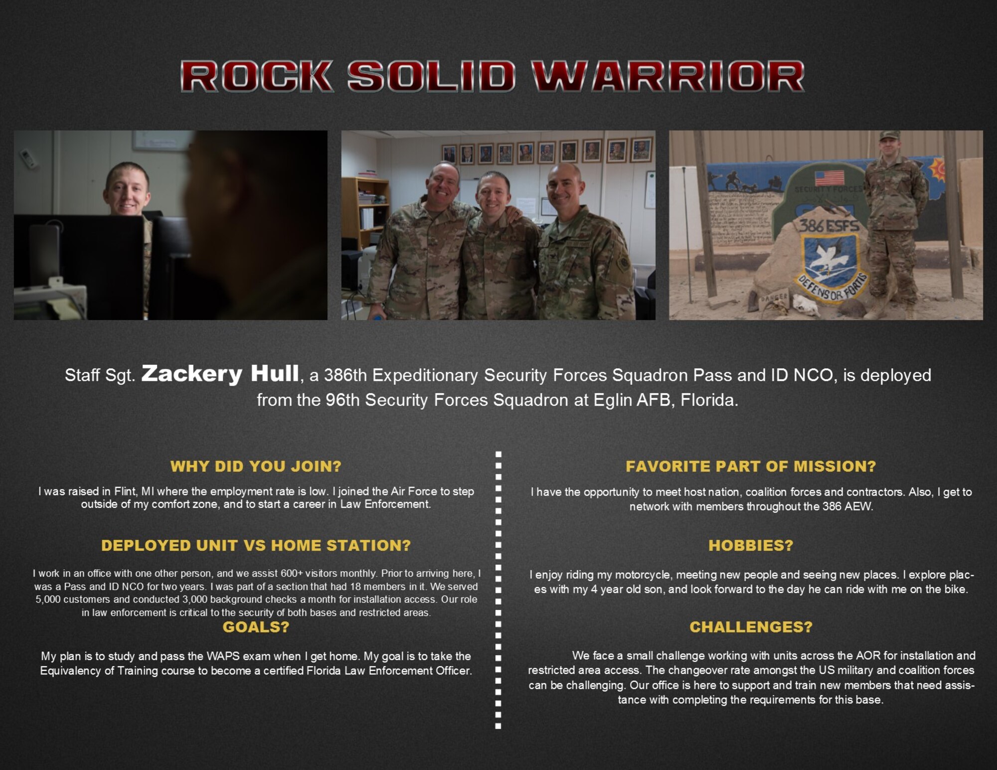 This week’s Rock Solid Warrior is Staff Sgt. Zackery Hull, 386th Expeditionary Security Forces Squadron pass and I.D. non commissioned officer, deployed from the 96th Security Forces Squadron, Eglin Air Force Base, Fla. The Rock Solid Warrior program is a way to recognize and spotlight the Airmen of the 386th Air Expeditionary Wing for their positive impact and commitment to the mission.