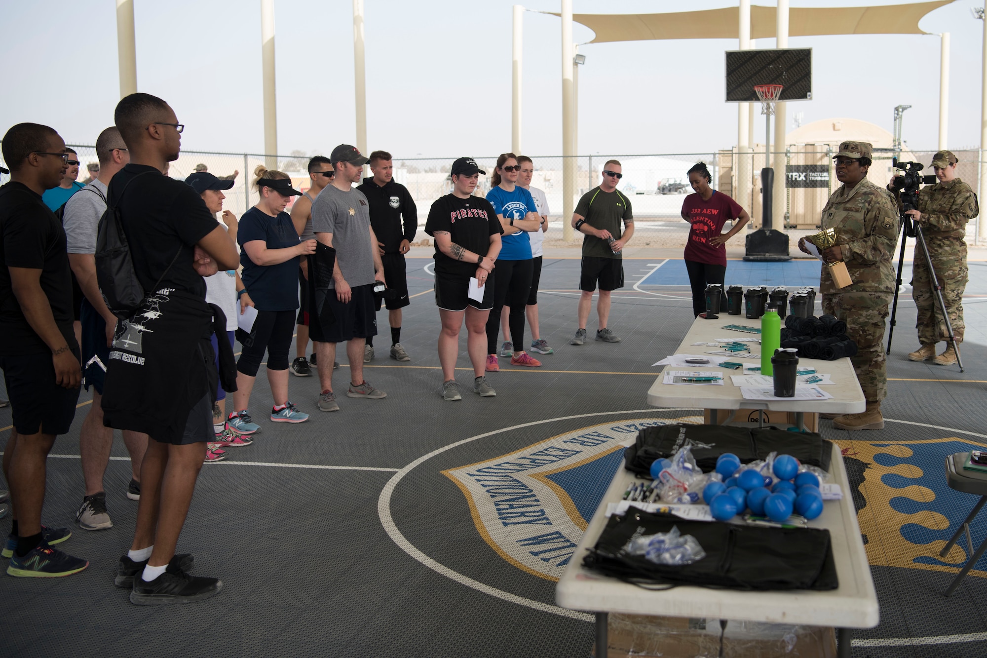 Capt. Jaleesa Council, Sexual Assault Prevention and Response Office sexual assault response coordinator, thanks the Commander’s Challenge participants at the conclusion of the event May 4, 2018, at an undisclosed location in Southwest Asia.