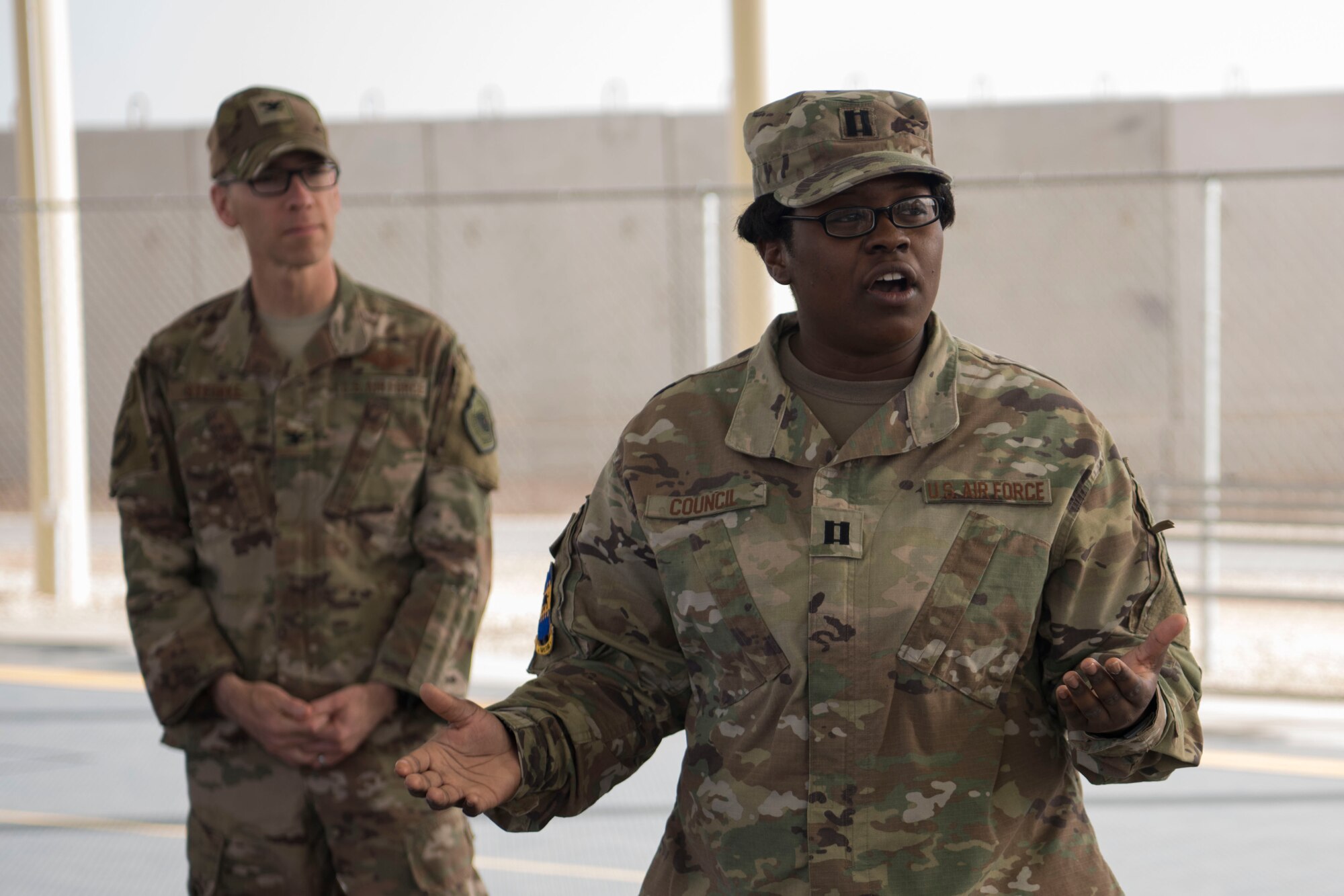 Capt. Jaleesa Council, Sexual Assault Prevention and Response office sexual assault response coordinator, thanks the Commander’s Challenge participants at the conclusion of the event May 4, 2018, at an undisclosed location in Southwest Asia.