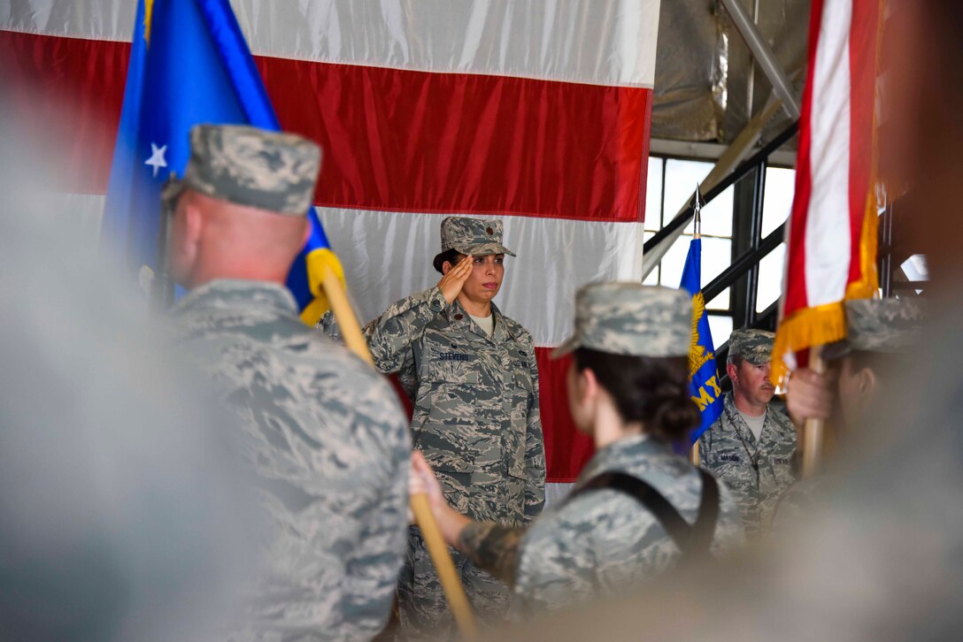 Maj. Kimberly Stevens, 419th Maintenance Squadron commander, speaks to a crowd of Reserve Citizen Airmen, base leaders, and community leaders during a change of command ceremony May 6, 2018, at Hill Air Force Base, Utah.