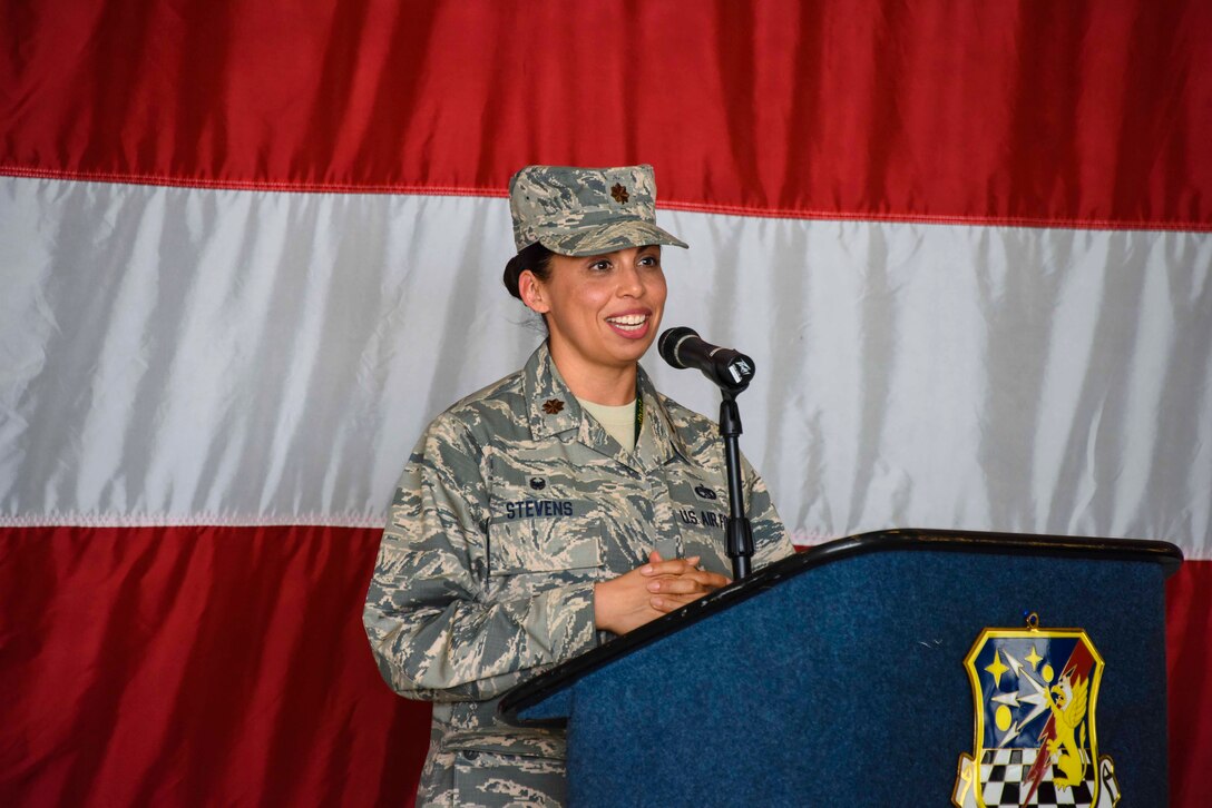 Maj. Kimberly Stevens, 419th Maintenance Squadron commander, speaks to a crowd of Reserve Citizen Airmen, base leaders, and community leaders during a change of command ceremony May 6, 2018, at Hill Air Force Base, Utah.