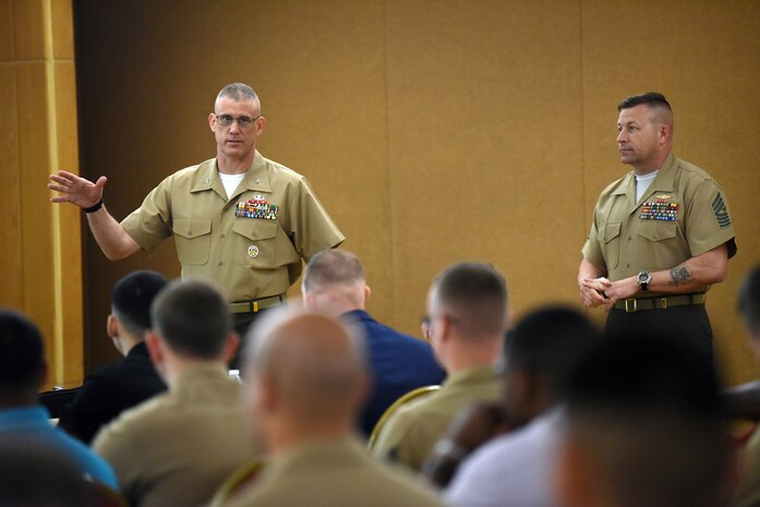 Col. Miller, commanding officer, Wounded Warrior Regiment gives the opening remarks during the 2018 Department of the Navy's Veteran and Wounded Warrior Hiring & Support Summit