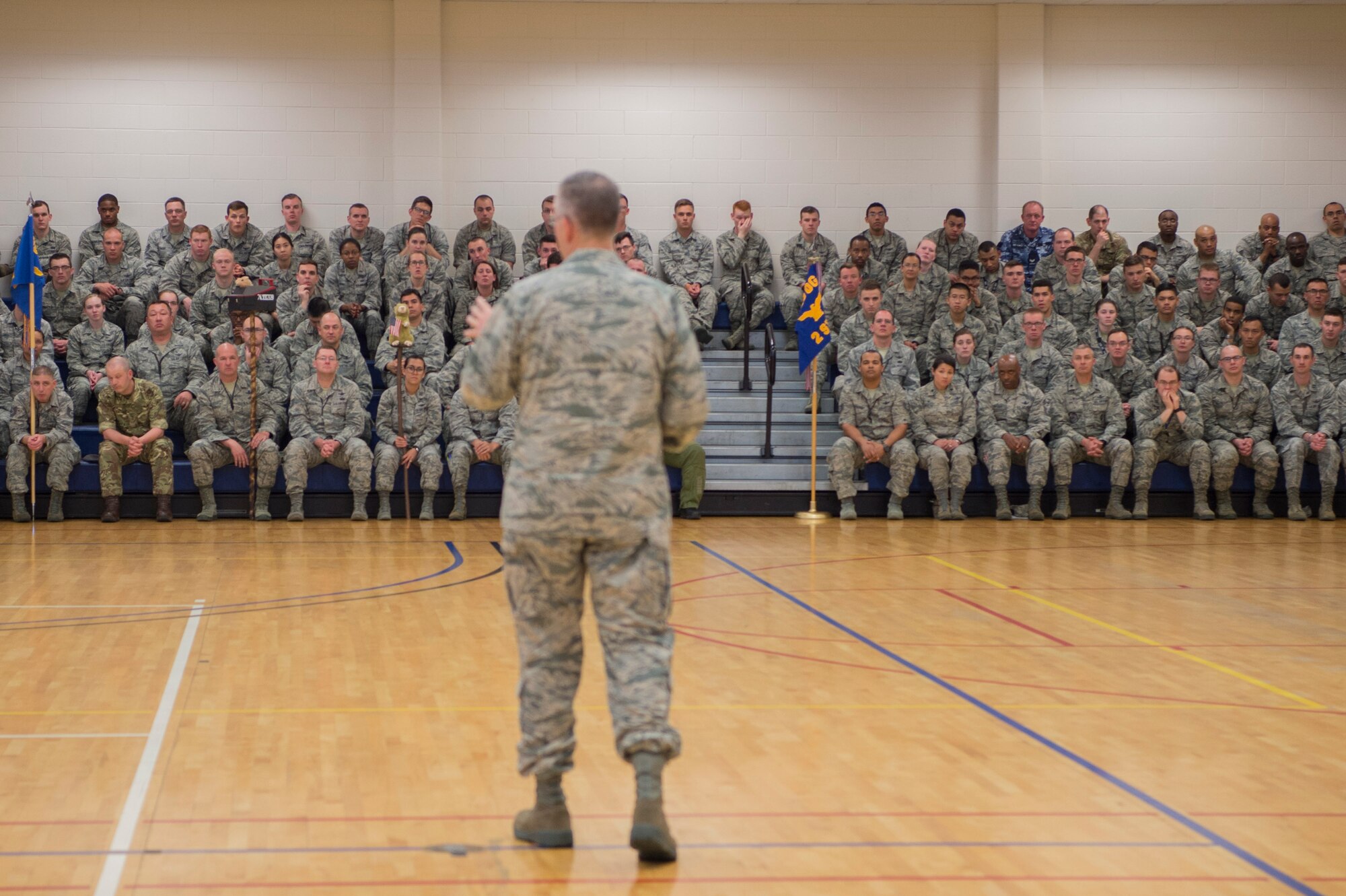 Hyten congratulated Team Buckley Airmen on their accomplishments of deterring threats against America and our allies throughout 2017. (U.S. Air Force photo by Airman 1st Class Holden S. Faul)