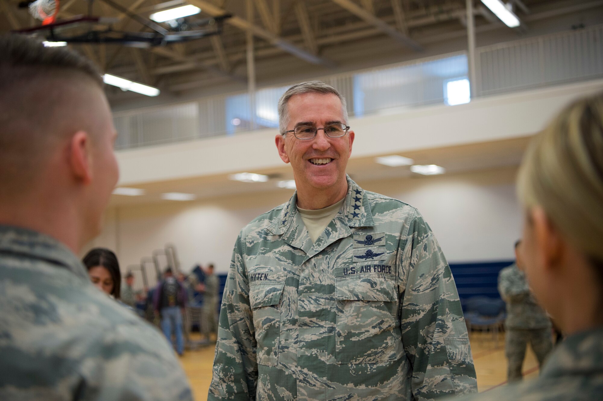 Hyten came to present Team Buckley with the Omaha Trophy and take a short tour of the base. (U.S. Air Force photo by Airman 1st Class Holden S. Faul)