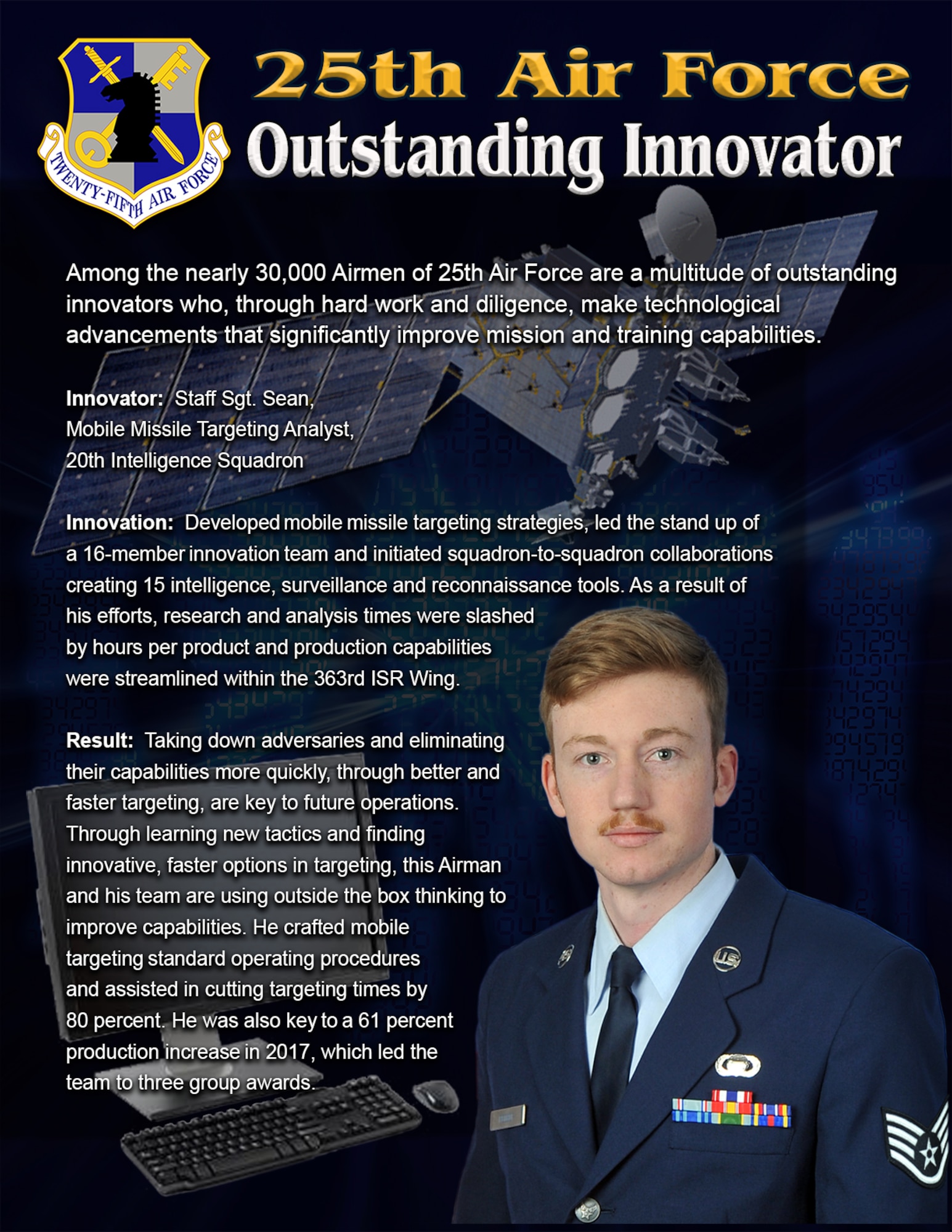 In the field of missile targeting, Staff Sgt. Sean, mobile missile targeting analyst, 20th Intelligence Squadron, is one of the most innovative and motivated members of 25th Air Force.