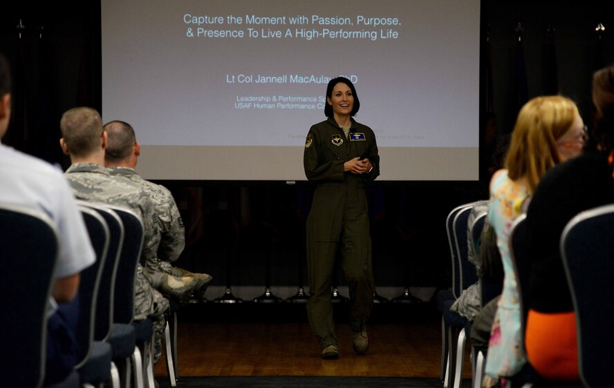 Lt. Col. Jannell MacAulay, 58th Special Operations Wing director of human performance and leadership, speaks to Team BLAZE members May 3, 2018, on Columbus Air Force Base, Mississippi. In one minute, she taught an audience how to help strengthen their mindfulness through deep breathing practices. (U.S. Air Force photo by Airman 1st Class Keith Holcomb)