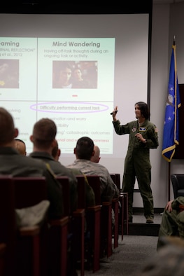 Lt. Col. Jannell MacAulay, 58th Special Operations Wing director of human performance and leadership, speaks to Team BLAZE members May 3, 2018, on Columbus Air Force Base, Mississippi. MacAulay has been visiting military bases across the U.S. to speak about the benefits emerging from mental training, commonly known as mindfulness. (U.S. Air Force photo by Airman 1st Class Keith Holcomb)