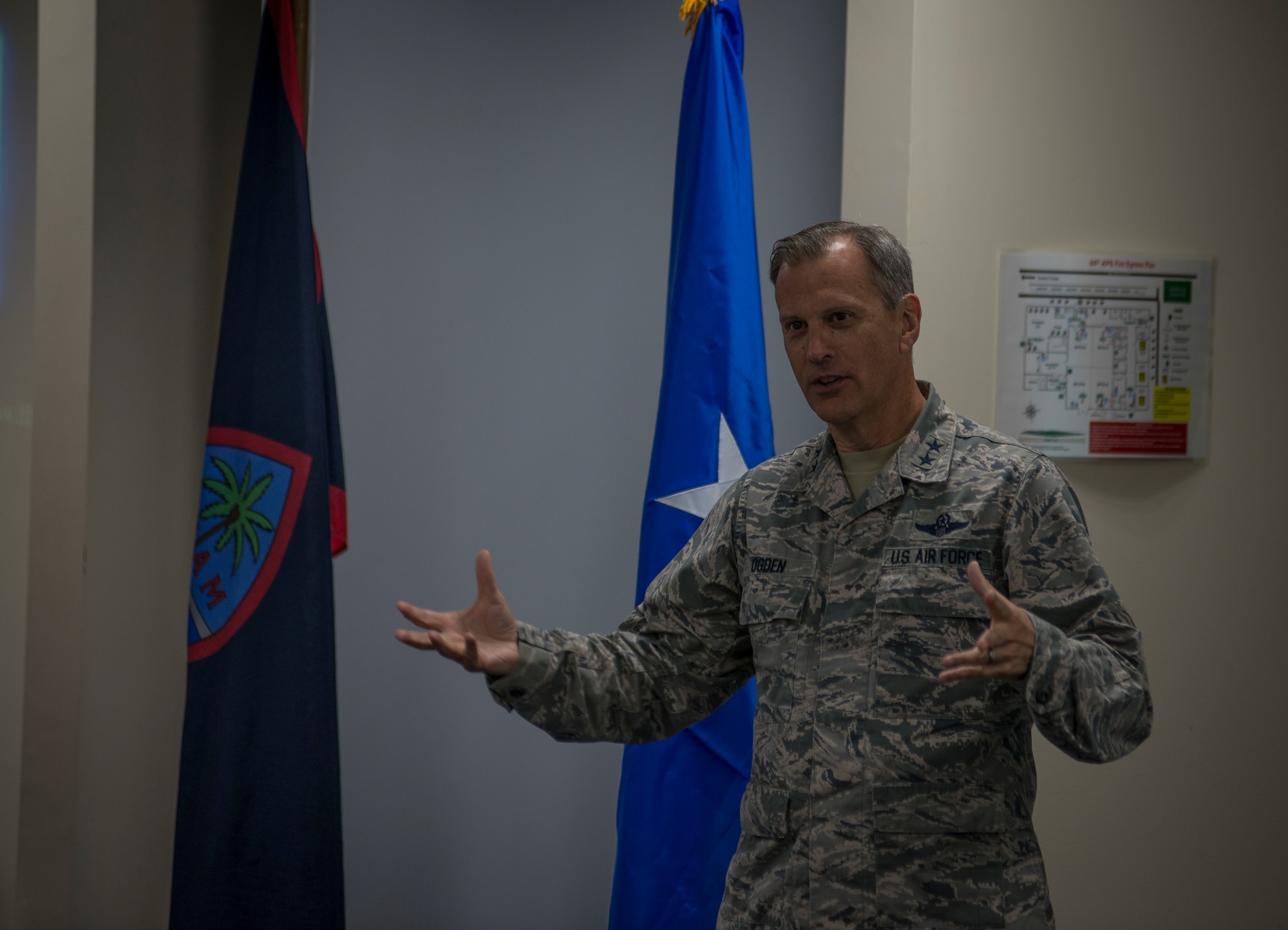 U.S. Air Force Maj. Gen. Randall A. Ogden, 4th Air Force commander, Air Force Reserve Command, addresses Airmen and family members of the U.S. Air Force Reserve’s 44th Aerial Port Squadron, during Operation Inafa’ Maolek at Andersen Air Force Base, May 5, 2018.