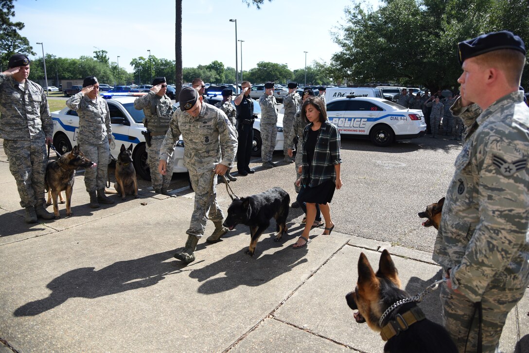 U.S. Air Force Staff Sgt. Jordan Leiter, 81st Security Forces Squadron military working dog trainer, and his family escort Ares, 81st SFS retired MWD, during a final salute memorial service outside the vet clinic at Keesler Air Force Base, Mississippi, May 9, 2018. Leiter adopted Ares over a year ago and they served together for four years, which included a combat operation deployment to Kuwait. (U.S. Air Force photo by Kemberly Groue)