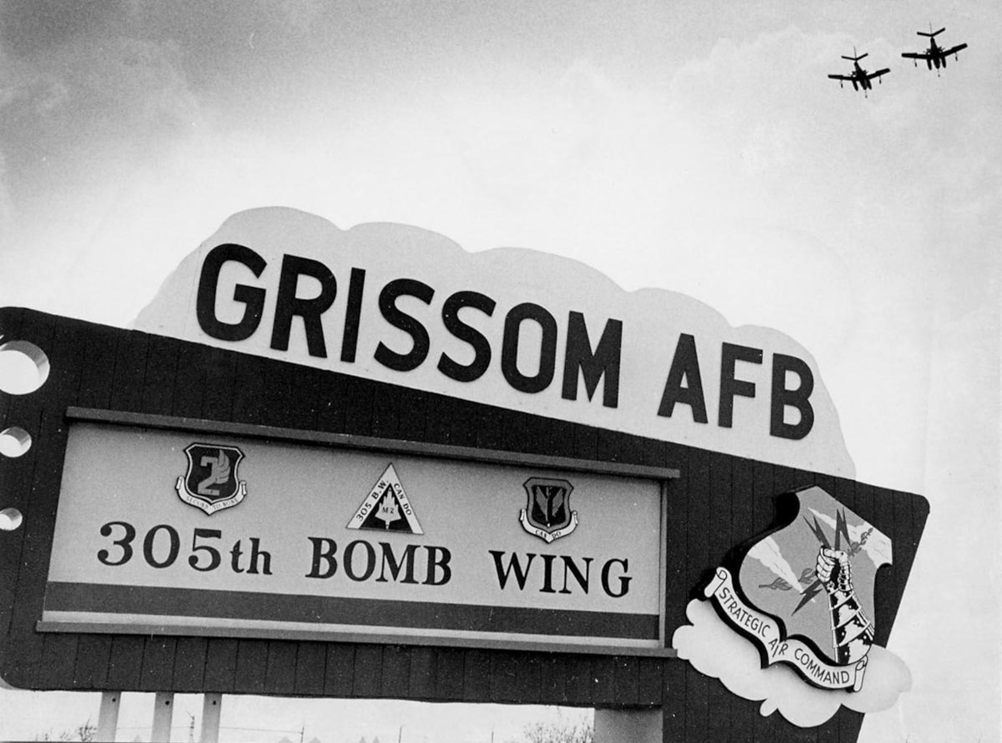 The sign to Grissom Air Force Base was changed in 1968 following the renaming of the base from Bunker Hill Air Force Base. The base was renamed after Lt. Col. Virgil 'Gus' Grissom killed on Jan. 27, 1967 while training for an Apollo mission at Cape Kennedy, Florida. (U.S. Air Force photo)