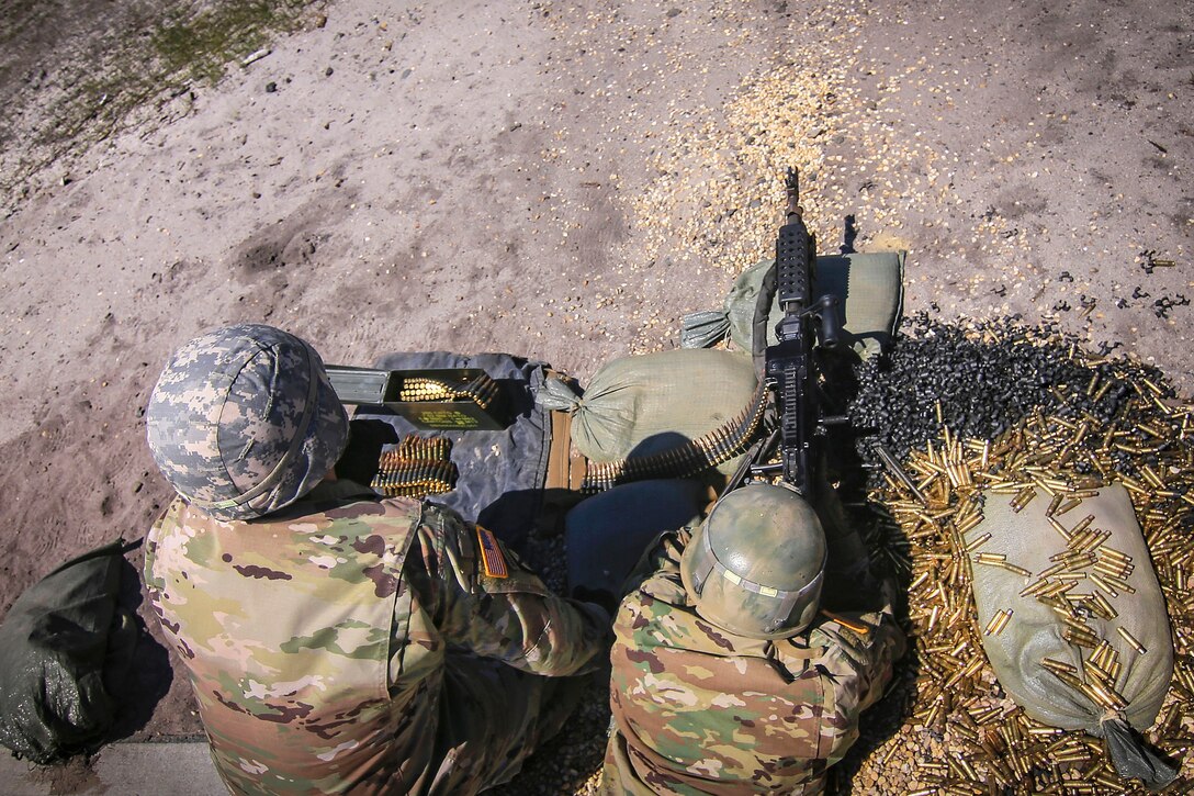 Soldiers fire an M240B machine gun at targets.