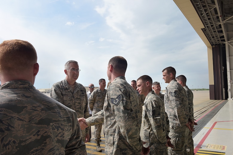 U.S. Air Force Gen. John Hyten, commander of U.S. Strategic Command, meets with Airmen at Whiteman Air Force Base, Mo., May 8, 2018. Hyten visited the installation to present the Omaha Trophy and thank members of Team Whiteman in person for their excellence in strategic deterrence and global strike. (U.S. Air Force photos by Airman 1st Class Taylor Phifer)