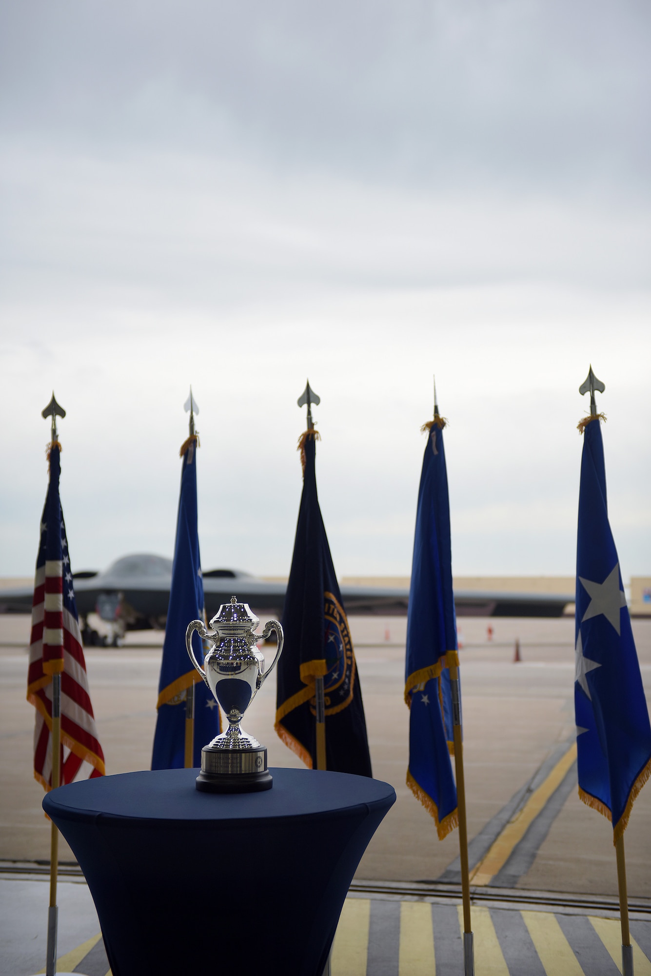 The Omaha Trophy, is displayed at Whiteman Air Force Base, Mo., May 8, 2018. The Omaha Trophy is awarded to units for excellence in strategic deterrence and global strike. Team Whiteman won the trophy for executing the best Strategic Bomber Operations of 2017.  (U.S. Air Force photos by Airman 1st Class Taylor Phifer)