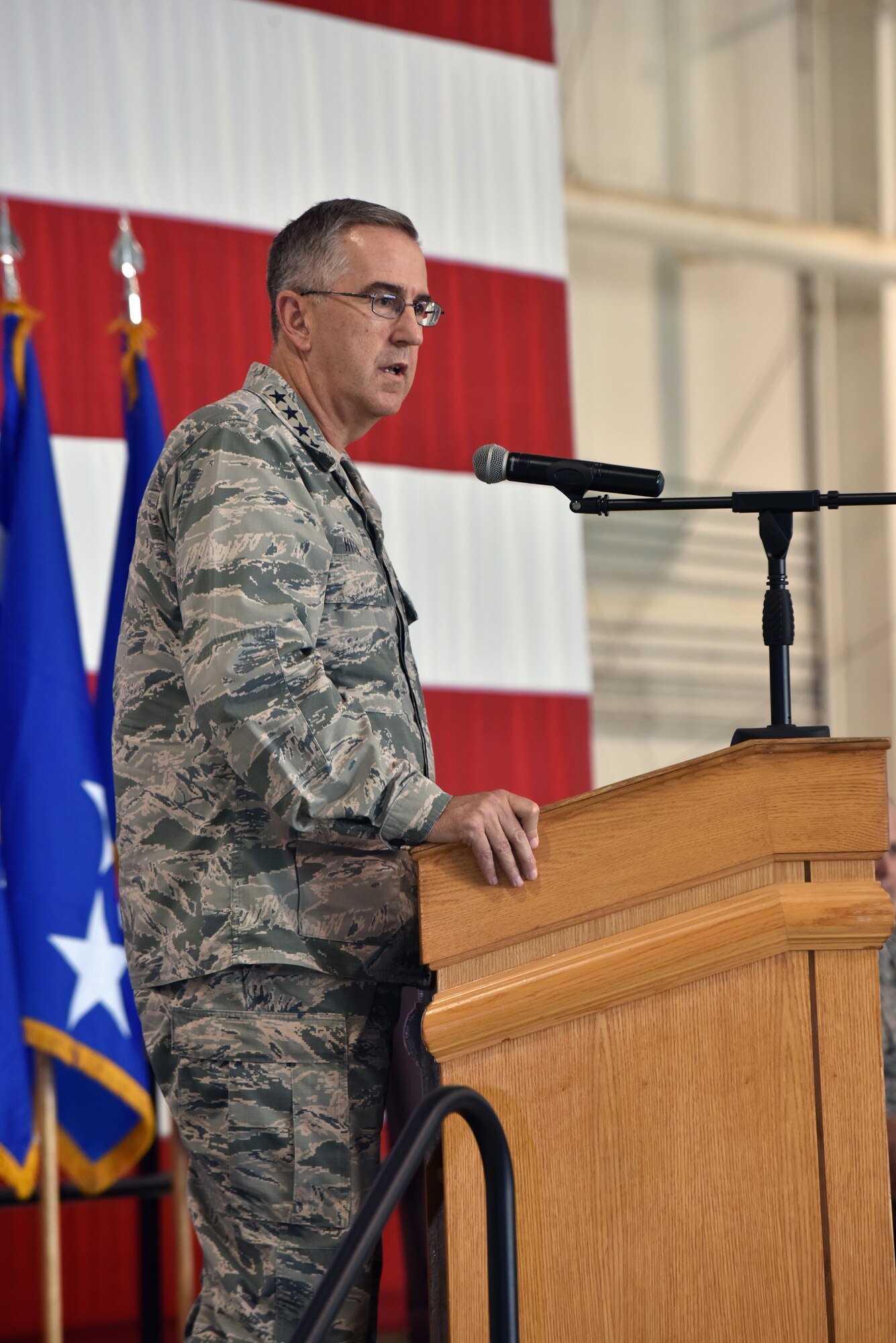 U.S. Air Force Gen. John Hyten, commander of U.S. Strategic Command, gives remarks during the Omaha Trophy award ceremony at Whiteman Air Force Base, Mo., May 8, 2018. The Omaha Trophy was presented to the 509th Bomb Wing and 131st Bomb Wing by Hyten and a member of the Strategic Command Council. (U.S. Air Force photos by Senior Airman Jovan Banks)