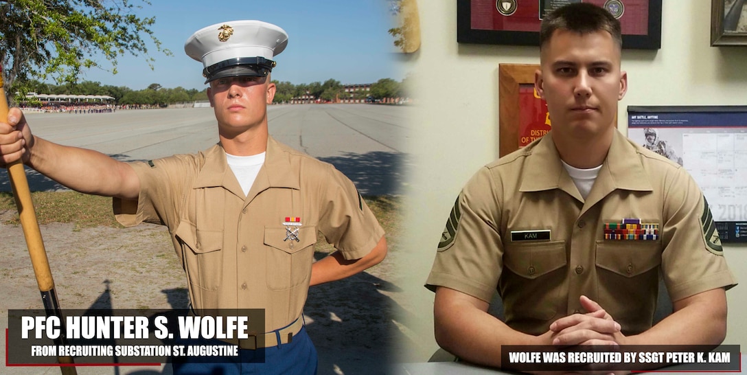 Private First Class Hunter D. Wolfe graduated Marine Corps recruit training May 11, 2018, aboard Marine Corps Recruit Depot Parris Island, South Carolina. Wolfe was the Honor Graduate of platoon 1032. Wolfe was recruited by SSgt. Peter K. Kam from Recruiting Substation St. Augustine. (U.S. Marine Corps photo by Lance Cpl. Jack A. E. Rigsby)