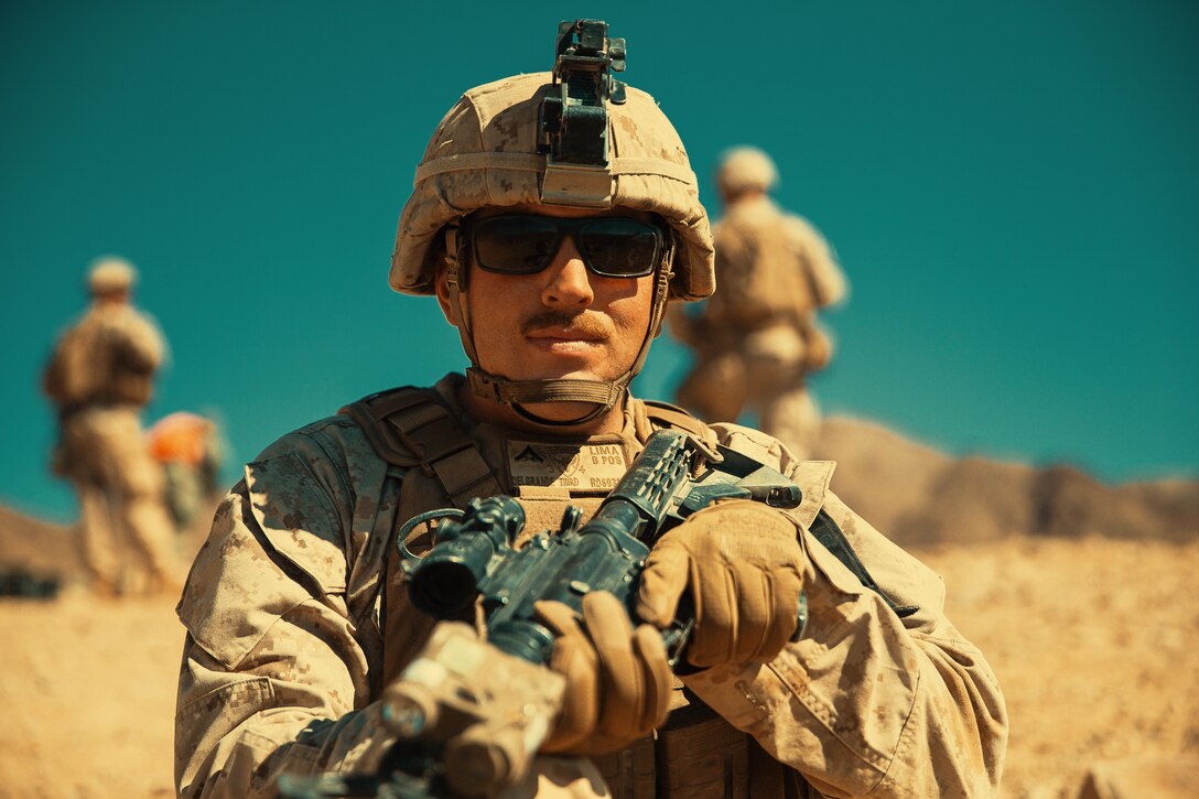 Lance Cpl. Ryan Delgrande, machine gunner, 3rd Battalion, 4th Marines, 7th Marine Regiment, 1st Marine Division participates in Range 400 during Integrated Training Exercise 3-18 aboard the Marine Corps Air Ground Combat Center, Twentynine Palms, Calif., May 7, 2018. The purpose of ITX is to create a challenging, realistic training environment that produces combat-ready forces capable of operating as an integrated Marine Air Ground Task Force. (U.S. Marine Corps photo by Lance Cpl. Isaac Cantrell)