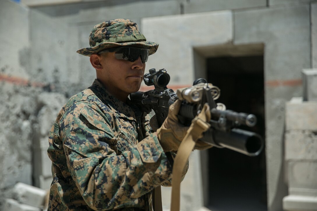 A Marine with 1st Battalion, 3rd Marine Regiment 3rd Marine Division, posts security at Range 111 during Integrated Training Exercise 3-18 aboard the Marine Corps Air Ground Combat Center, Twentynine Palms, Calif., May 9, 2018. The purpose of ITX is to create a challenging, realistic training environment that produces combat-ready forces capable of operating as an integrated Marine Air Ground Task Force. (U.S. Marine Corps photo by Lance Cpl. Isaac Cantrell)