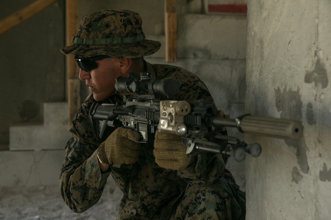 A Marine with 1st Battalion, 3rd Marine Regiment, 3rd Marine Division, posts security at Range 111 during Integrated Training Exercise 3-18 aboard the Marine Corps Air Ground Combat Center, Twentynine Palms, Calif., May 9, 2018. The purpose of ITX is to create a challenging, realistic training environment that produces combat-ready forces capable of operating as an integrated Marine Air Ground Task Force. (U.S. Marine Corps photo by Lance Cpl. Isaac Cantrell)