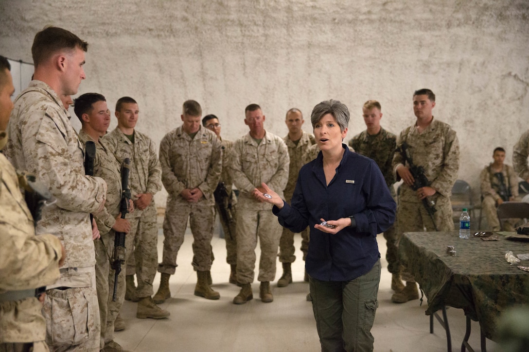 Senator Joni Ernst, junior United States senator, Iowa, speaks to Marines at Camp Wilson aboard Marine Corps Air Ground Combat Center, Twentynine Palms, Calif., May 6, 2018. Ernst is a Committee on Armed Services representative and visited the installation to observe a live-fire range, view the flightline and speak to Marines. (U.S. Marine Corps photo by Lance Cpl. Ashlee Conover)