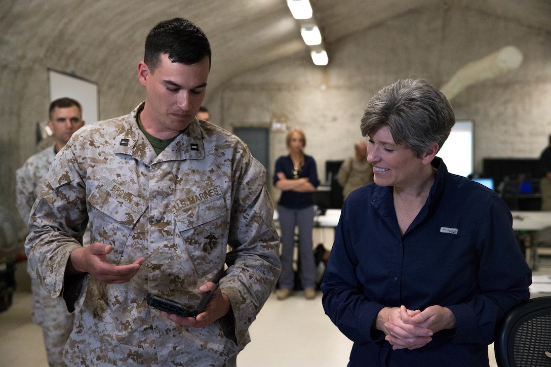 Senator Joni Ernst, junior United States senator, Iowa, visits the Logistics Innovation Demonstration at Camp Wilson aboard Marine Corps Air Ground Combat Center, Twentynine Palms, Calif., May 6, 2018. Ernst is a Committee on Armed Services representative and visited the installation to observe a live-fire range, view the flightline and speak to Marines. (U.S. Marine Corps photo by Lance Cpl. Ashlee Conover)