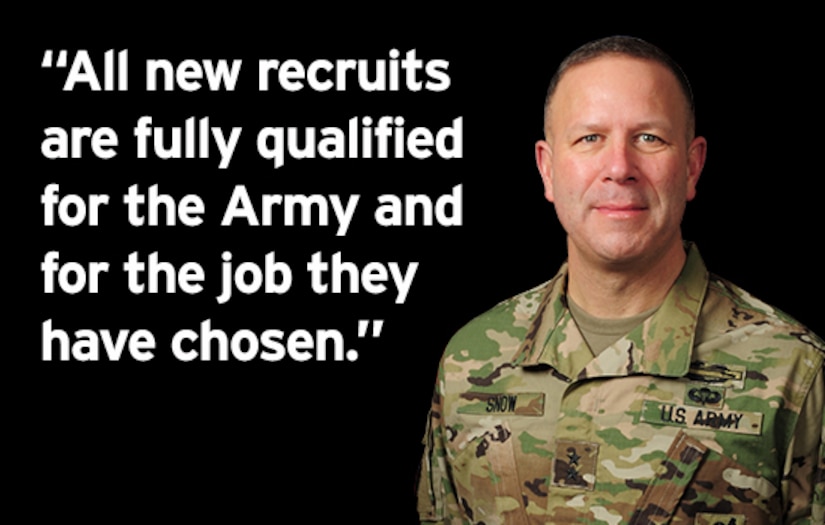 MG Snow with quote "All new recruits are fully qualified for the Army and for the job they have chosen"