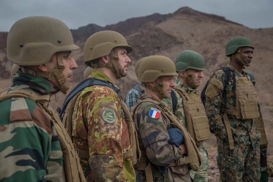 International military officers observe a company-level fire and maneuver at Range 401 aboard the Marine Corps Air Ground Combat Center, Twentynine Palms, Calif., May 2, 2018. The international officers are students at the Command and Staff College, Marine Corps University, Marine Corps Base Quantico, Va., and are set to graduate June 6, 2018. (U.S. Marine Corps photo by Lance Cpl. Preston L. Morris)