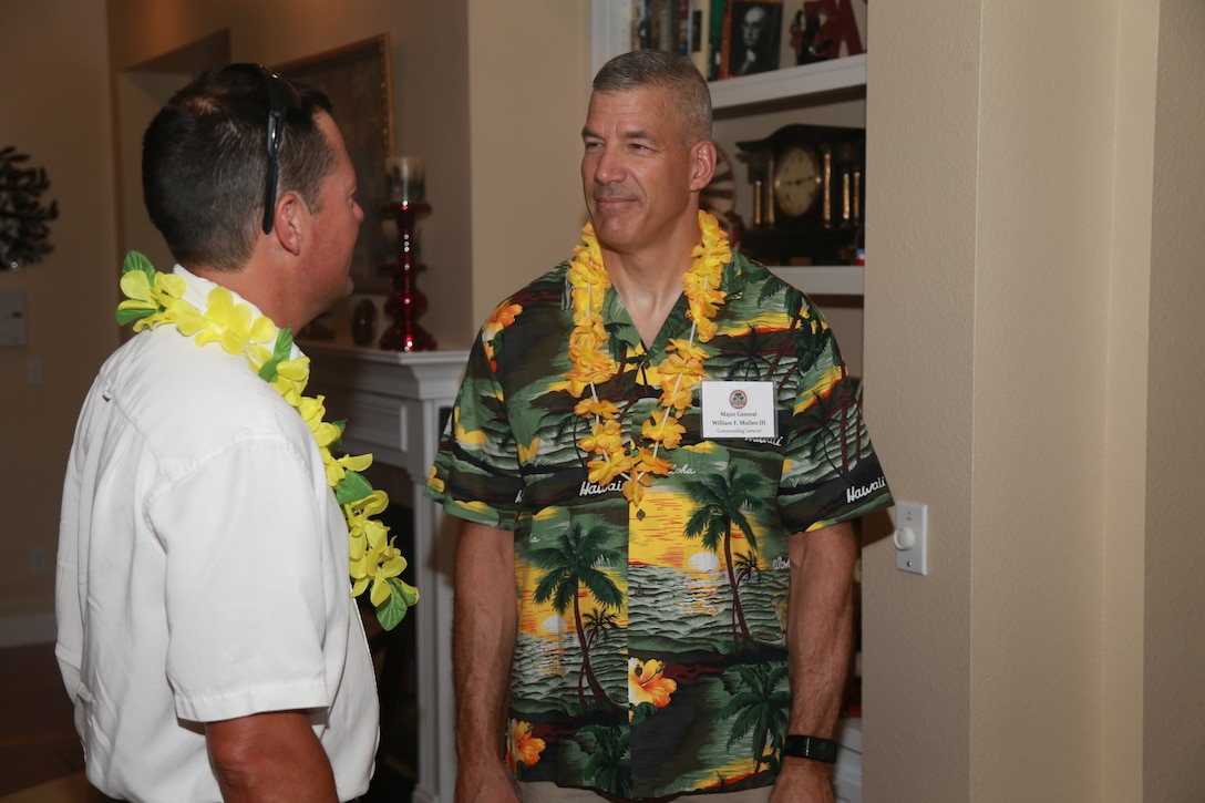 Maj. Gen. William F. Mullen III, Commanding General, Marine Corps Air Ground Combat Center, Twentynine Palms, Calif., speak with a guest at the Desert Knights gala at Quarters One aboard the Combat Center, Twentynine Palms, Calif., May 4, 2018. The Desert Knights gala was held to honor law enforcement and legal entities aboard the base and in the surrounding community. (U.S. Marine Corps photo by Lance Cpl. Preston L. Morris)