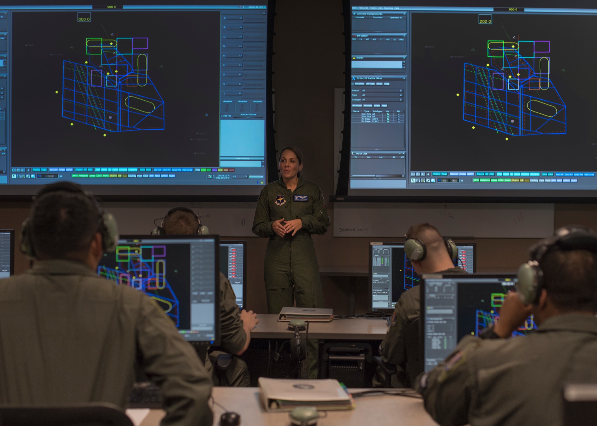 U.S. Air Force 2nd Lt. April Albanese, 337th Air Control Squadron air battle manager instructor, teaches a class April 18, 2018, at Tyndall Air Force Base, Fla. Albanese wants to change the way students learn so instead of coming into the classroom and lecturing every day, she uses interactive teaching methods to help her students. (U.S. Air Force photo by Airman 1st Class Emily Smallwood)