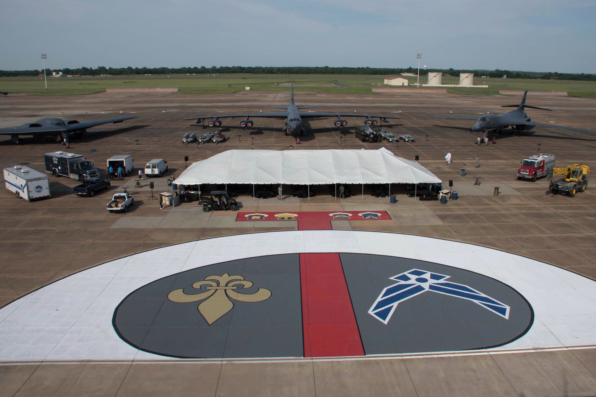 B-2 Spirit, B-52 Stratofortress and B-1 Lancer aircraft stand on display at Barksdale Air Force Base, Louisiana, May 10, 2018.   Civic Leaders from across the Shreveport and Bossier City, Lousiana area gathered with leadership and personnel from Barksdale to learn more about the mission of the base.   (U.S. Air Force photo by Master Sgt. Ted Daigle)