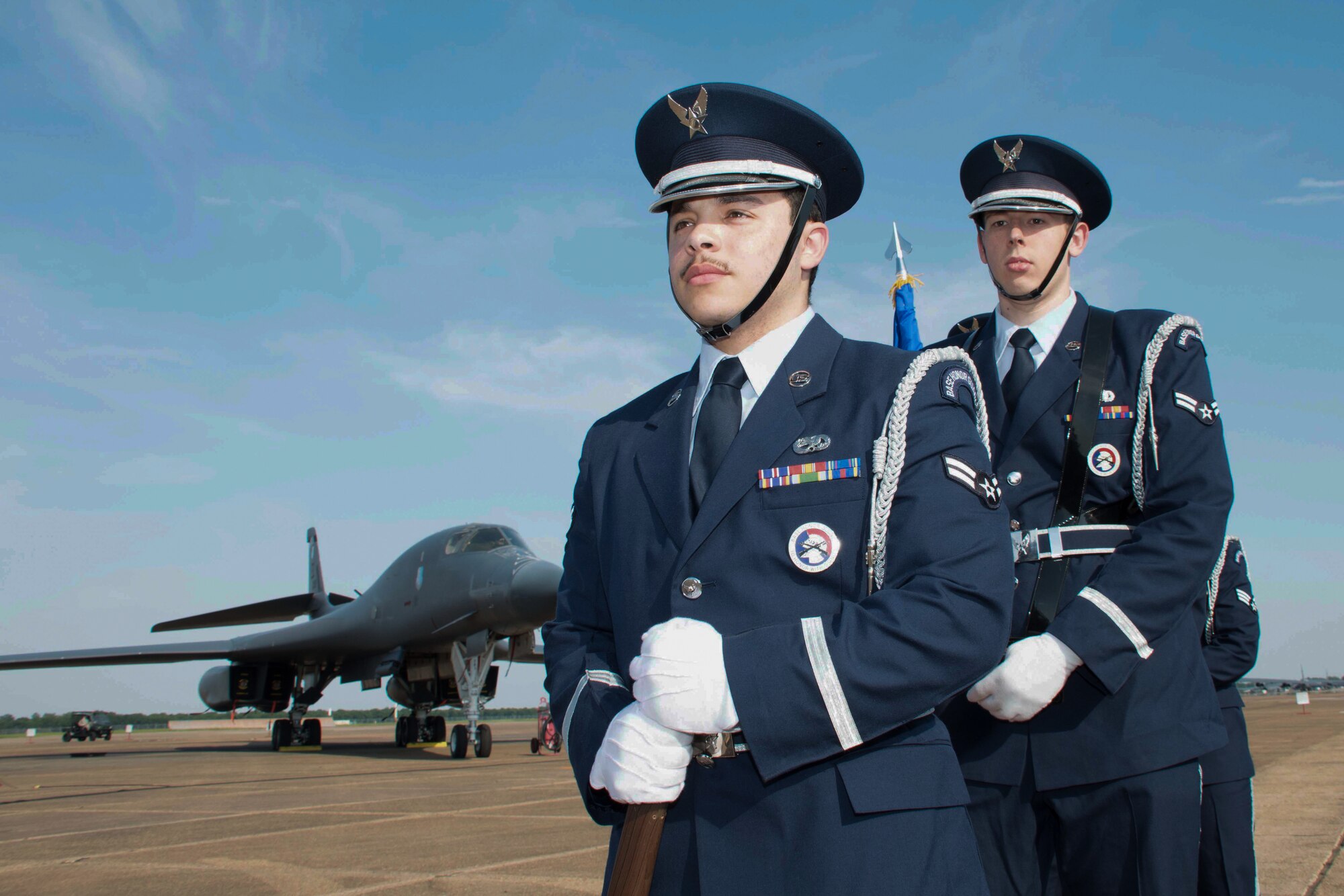 Members of the honor guard at Barksdale Air Force Base, Louisiana  stand ready to present the Colors during a civic leader social here May 10, 2018.  The event allowed leadership from Barksdale to thank civic leaders from across the Shreveport and Bossier City area for their ongoing support of the base and its mission. (U.S. Air Forc photo by Master Sgt. Ted Daigle/released)