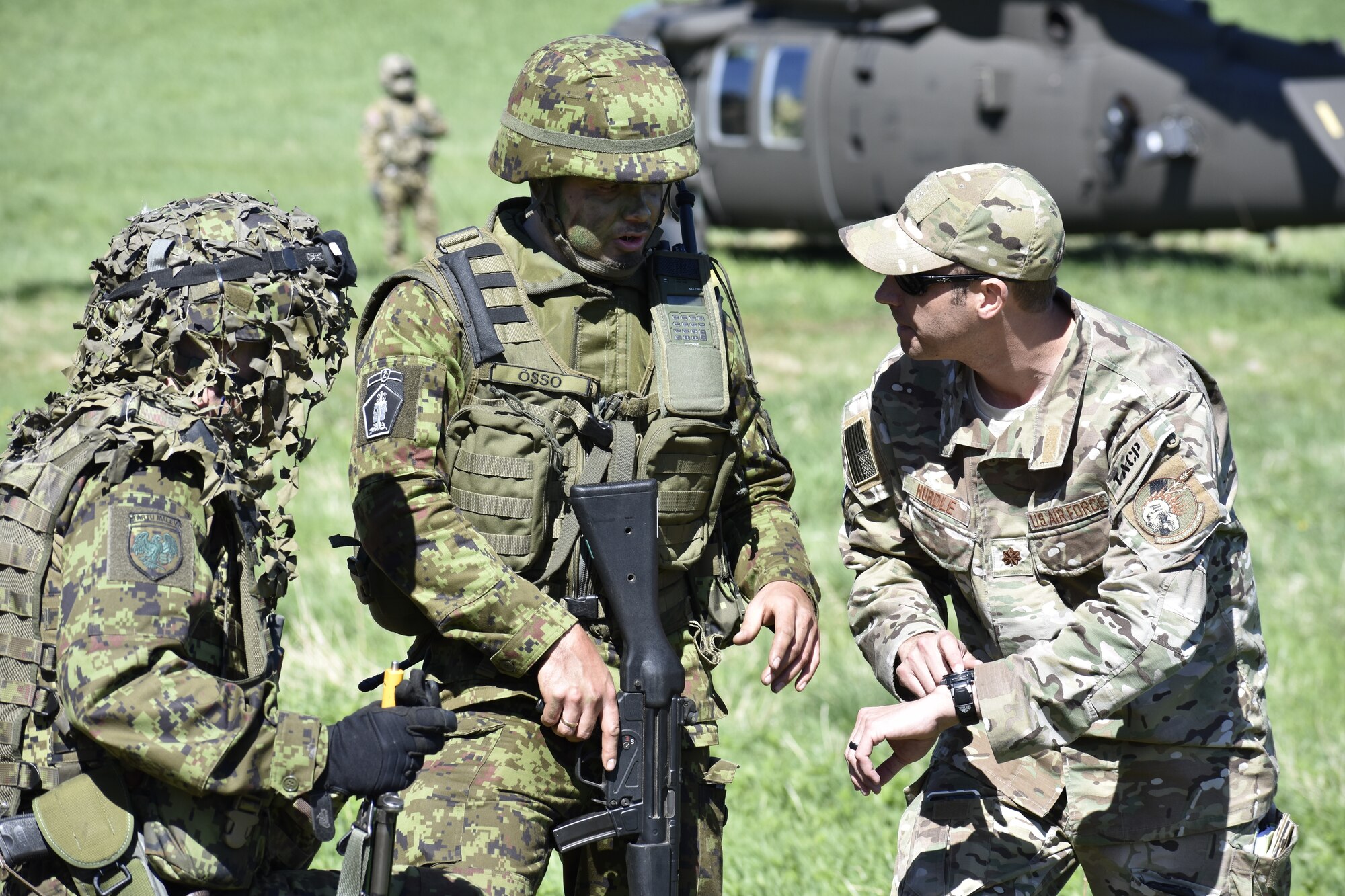 U.S. Air Force Maj. Karl Hurdle, Air Liaison Officer with Okla. National Guard’s 146th Air Support Operations Squadron, advises Lt. Janno Õsso, Estonian Defense Force’s 2nd brigade ALO, on Joint Terminal Attack Controller capabilities May 9th during Exercise HEDGEHOG 2018 in Southern Estonia. The Tactical Air Control Party members served as advisers to the Estonian Defense Force to create combined fires between U.S. Army and multinational aviation assets.  Photo By Maj. Kurt M. Rauschenberg, 58th EMIB Public Affairs Officer.