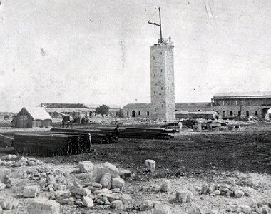Construction of the Quadrangle, and the water and watch tower in 1876. The water and watch tower was later converted to the clock tower in 1882. Both the Quadrangle and the clock tower are the oldest buildings on present-day Joint Base San Antonio-Fort Sam Houston.