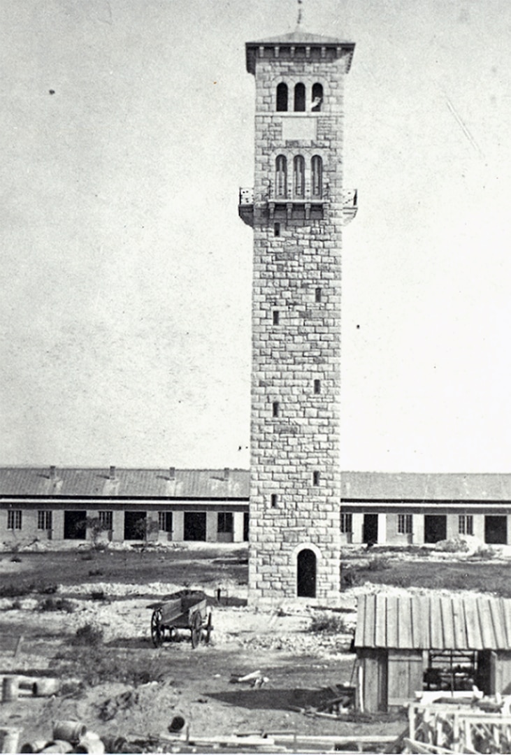 The completed water and watch tower in 1877 before the addition of the clock at the Quadrangle at present-day Joint Base San Antonio-Fort Sam Houston.
