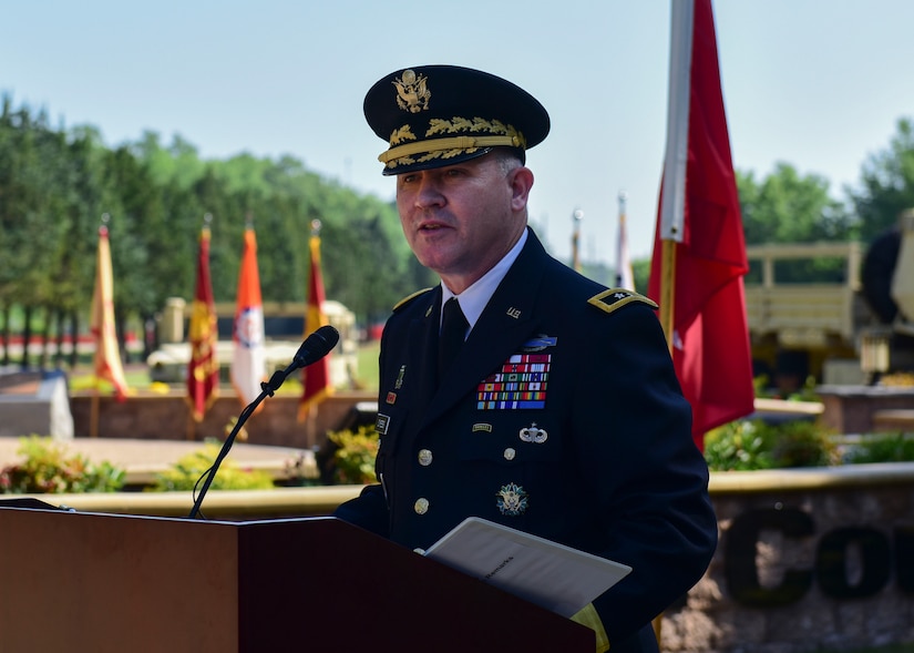 U.S. Army Maj. Gen. Robert “Bo” Dyess, Army Capabilities Integration Center deputy director, speaks during the Seay Plaza rededication ceremony at Joint Base Langley-Eustis, Virginia, May 11, 2018. The plaza was named after Sgt. William Wayne Seay, and Dyess, Seay’s second cousin, shared personal memories of Seay’s impact on their family. (U.S. Air Force photo by Airman 1st Class Monica Roybal)