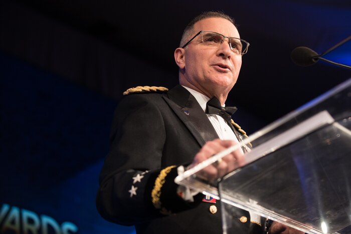 U.S. Army Gen. Curtis M. Scaparrotti, Commander of U.S. European Command and Supreme Allied Commander, Europe; speaks after receiving the Distinguished Military Leadership Award during the Atlantic Council's Distinguished Leadership Awards dinner in Washington, D.C., May 10, 2018. The awards recognized former U.S. President George W. Bush, U.S. Army Gen. U.S. Army Gen. Curtis M. Scaparrotti, Commander of U.S. European Command and Supreme Allied Commander, Europe; Mr. Howard Schultz, Executive Chairman of Starbucks Corporation; and Ms. Gloria Estefan, Grammy Award-Winning Singer; for embodying the pillars of the transatlantic relationship for their achievement in the fields of politics, military, business, humanitarian, and artistic leadership.