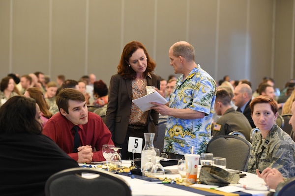 Whitney Hischier, Red Team Thinking LLC and lecturer, University of California, Berkeley, speaks with Travis Tucker, U.S. Strategic Command cyber analyst, at the 2nd annual “Empowering Tomorrow’s Leaders” conference at the Beardmore Event Center in Bellevue, Neb., May 7, 2018. More than 300 attendees, nominated by their leadership, attended the all-day event. The theme this year was "Igniting Innovation: How to Go Faster" featuring speakers and panelists to inspire out-of-the box thinking. (U.S. Navy photo by Mass Communication Specialist 1st Class Julie R. Matyascik)
