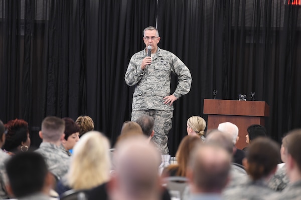 U.S. Air Force Gen. John Hyten, commander of U.S. Strategic Command (USSTRATCOM) gives welcoming remarks to attendees of the 2nd annual “Empowering Tomorrow’s Leaders” conference at the Beardmore Event Center in Bellevue, Neb., May 7, 2018. More than 300 attendees, nominated by their leadership, attended the all-day event. The theme this year was "Igniting Innovation: How to Go Faster" featuring speakers and panelists to inspire out-of-the box thinking. (U.S. Navy photo by Mass Communication Specialist 1st Class Julie R. Matyascik)