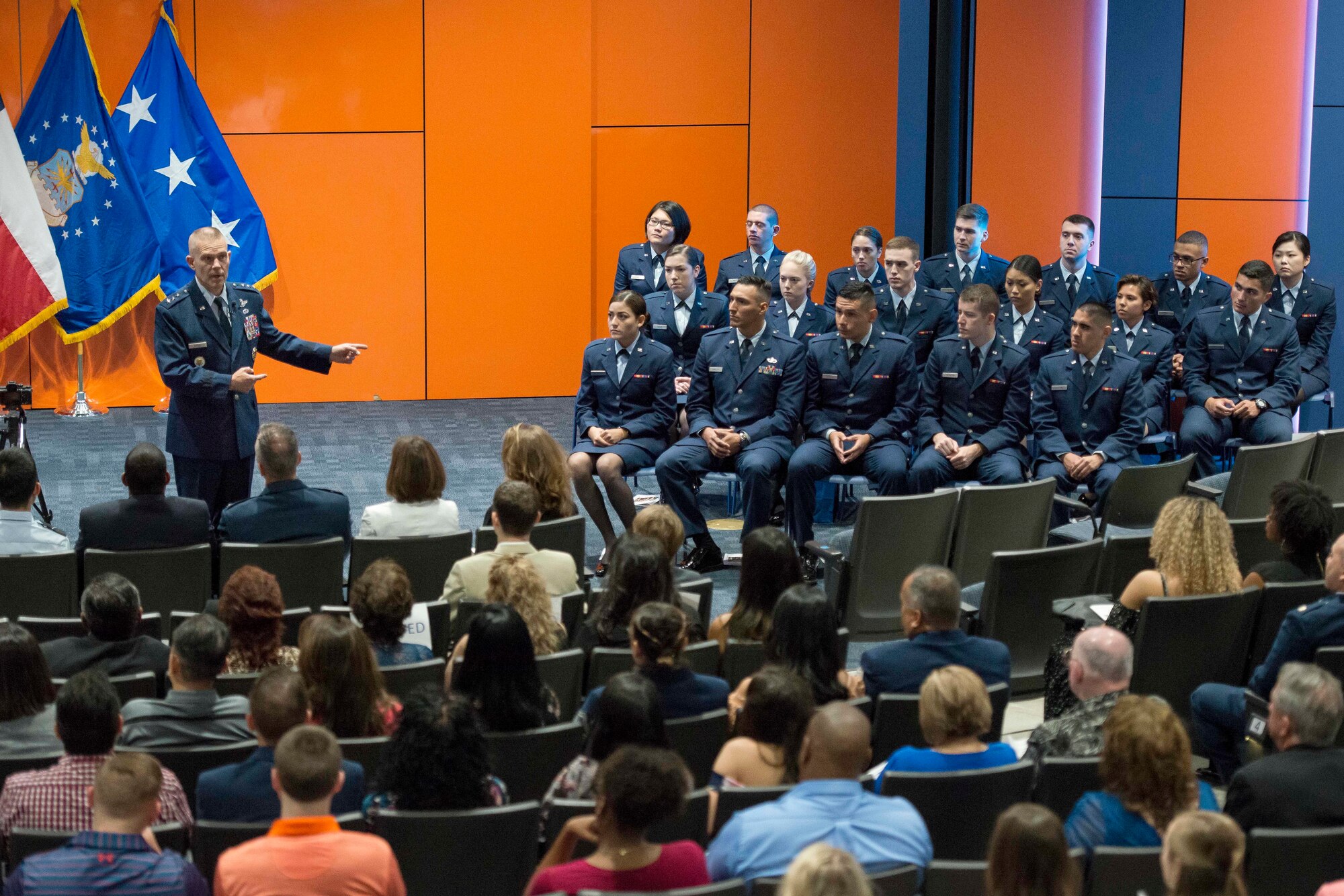 Lt. Gen. Steve Kwast, commander of Air Education and Training Command, speaks to family and friends of members of the Air Force Reserve Officer Training Corps Detachment 842 during their commissioning ceremony May 10, 2018, at the University of Texas San Antonio. Kwast is responsible for the recruiting, training and education of more than 293,000 Air Force members annually. (U.S. Air Force photo by Sean M. Worrell)