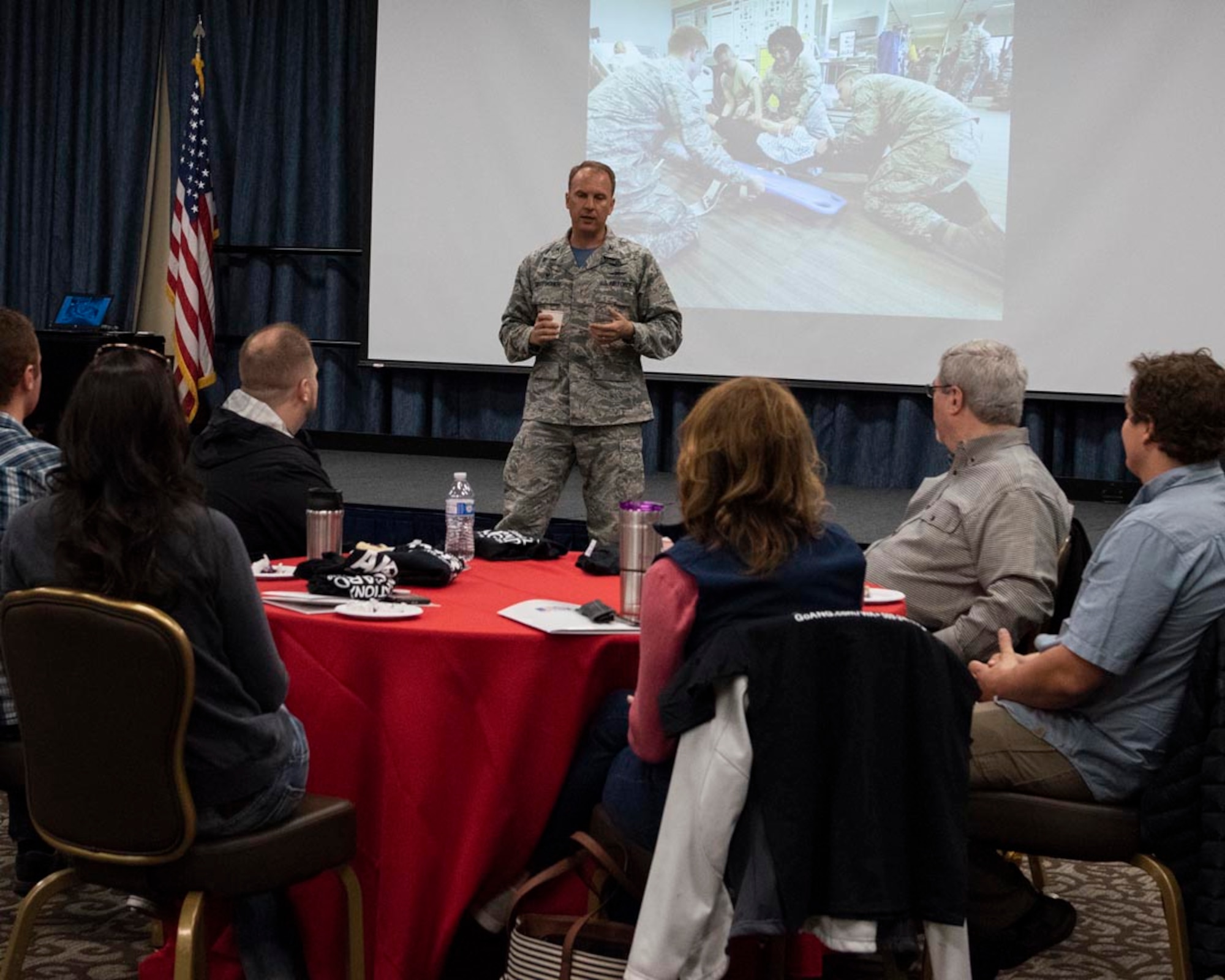 Col. Johan Deutscher, commander, 141st Air Refueling Wing, addresses a group of civilian employers attending an Employer Support of the Guard and Reserve “Boss Lift” event May 5, 2018 at Fairchild Air Force Base, Wash. Airmen from the 141st ARW have the opportunity to nominate their civilian employers to participate in various ESGR events throughout the year. ESGR aims to encourage cooperation between service members and their civilian employers and to educate them on the mission of the 141st ARW. (U.S. Air National Guard photo by Staff Sgt. Rose M. Lust)