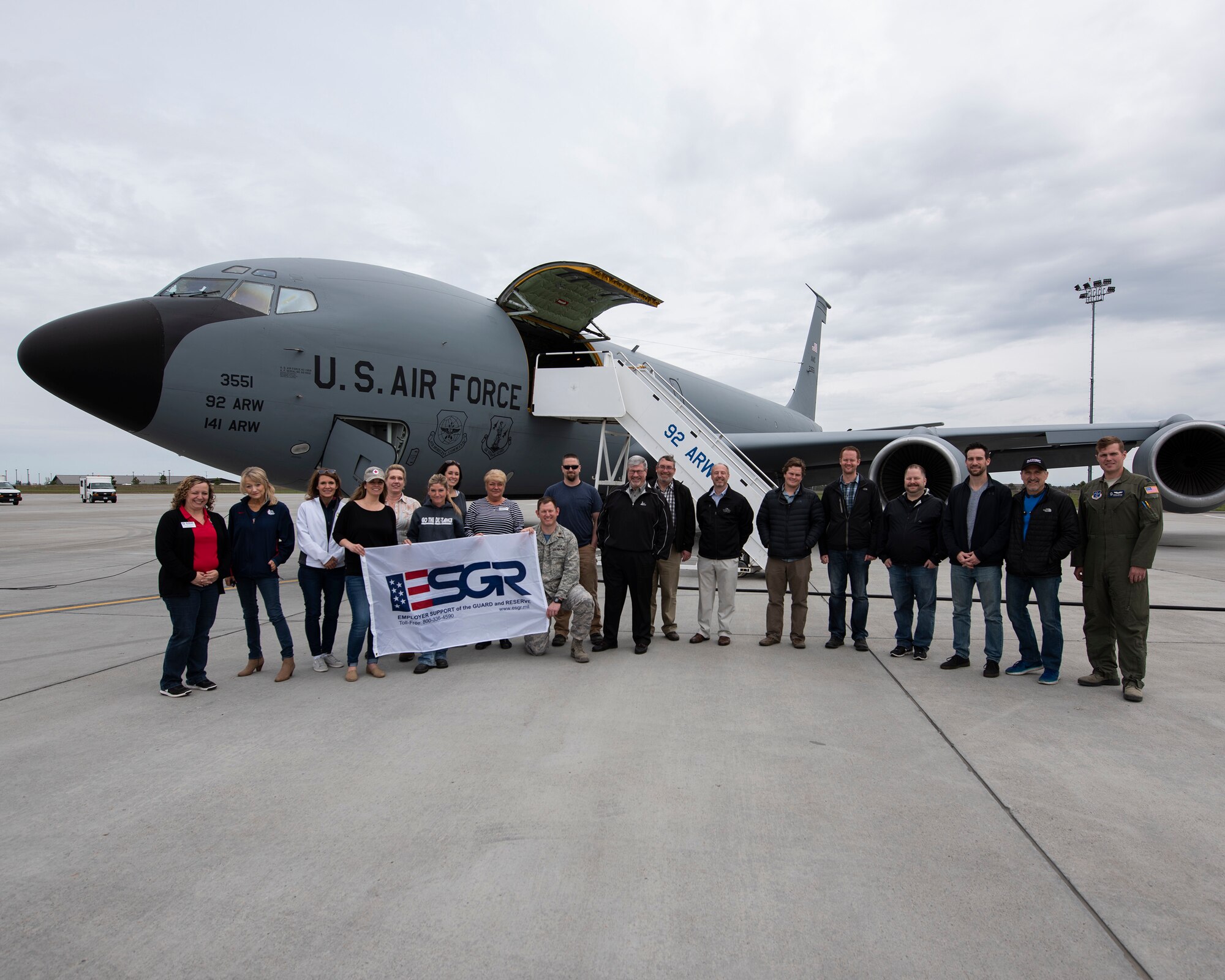 Employers participating in the Employer Support of the Guard and Reserve “Boss Lift” event pose in front of a KC-135 Stratotanker prior to boarding May 5, 2018 at Fairchild Air Force Base, Wash. The group had the opportunity to watch a refueling mission for F-15C Eagle’s from Klamath Falls, Ore. over southern Oregon and to learn about the mission of the 141st ARW. (U.S. Air National Guard photo by Staff Sgt. Rose M. Lust)