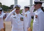 PEARL HARBOR (May 11, 2018) - Cmdr. Steven Dawley is piped aboard during the Los Angeles-class fast-attack submarine USS Jefferson City (SSN 759) change of command ceremony at the USS Bowfin Submarine Museum and Park in Pearl Harbor, Hawaii, May 11. Dawley relieved Cmdr. Kevin Moller as the 14th commanding officer of Jefferson City. (U.S. Navy photo by Mass Communication Specialist 2nd Class Michael Lee/Released)