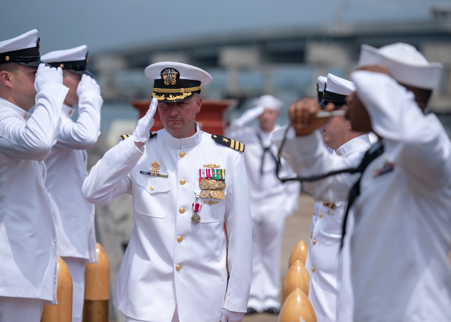 180511-N-LY160-0249 PEARL HARBOR (May 11, 2018) - Cmdr. Kevin Moller is piped ashore following the Los Angeles-class fast-attack submarine USS Jefferson City (SSN 759) change of command ceremony at the USS Bowfin Submarine Museum and Park in Pearl Harbor, Hawaii, May 11. Cmdr. Steven Dawley relieved Moller as the 14th commanding officer of Jefferson City. (U.S. Navy photo by Mass Communication Specialist 2nd Class Michael Lee/Released)