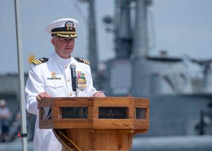180511-N-LY160-0165 PEARL HARBOR (May 11, 2018) - Cmdr. Kevin Moller, commanding officer of Los Angeles-class fast-attack submarine USS Jefferson City (SSN 759), addresses guests during a change of command ceremony at the USS Bowfin Submarine Museum and Park in Pearl Harbor, Hawaii, May 11. Cmdr. Steven Dawley relieved Moller as the 14th commanding officer of Jefferson City. (U.S. Navy photo by Mass Communication Specialist 2nd Class Michael Lee/Released)